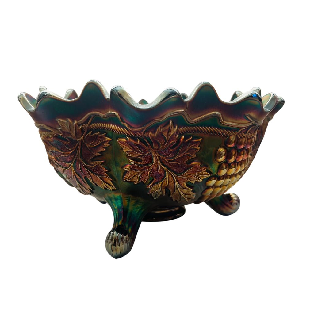 Vintage Carnival Glass Footed Fruit Grape & Cable Pattern Bowl