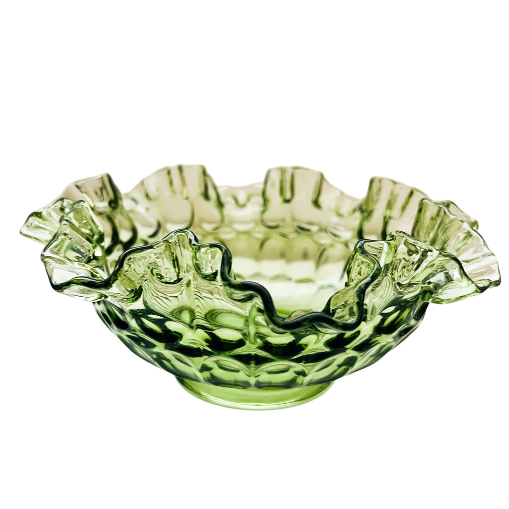 Vintage Fenton Colonial Green Thumbprint Round Ruffle Edge Bowl