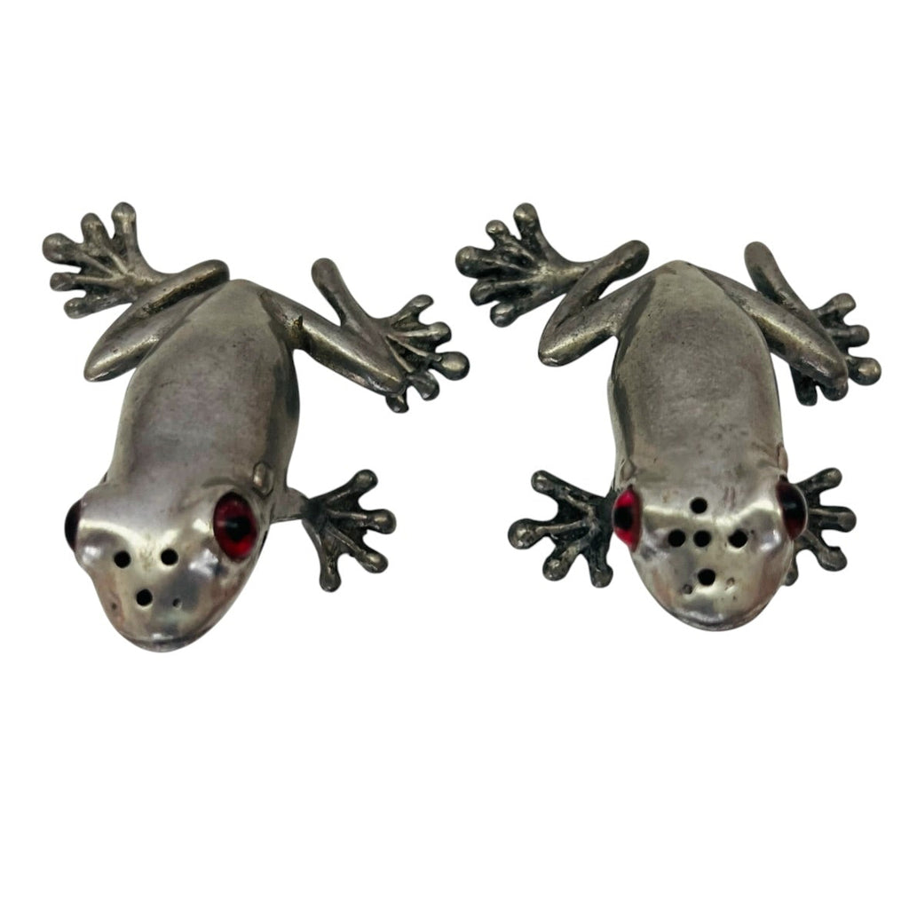 Vintage Frog Metal Figurine Salt and Pepper Shakers - Silver with Red Eyes