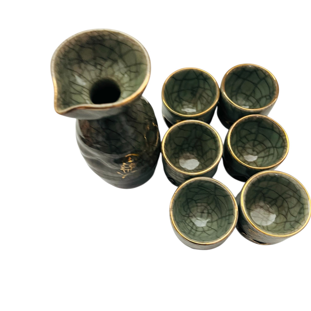 Somayaki Soma Ware Japaneses Double Walled Heart Gold Trim Saki Set