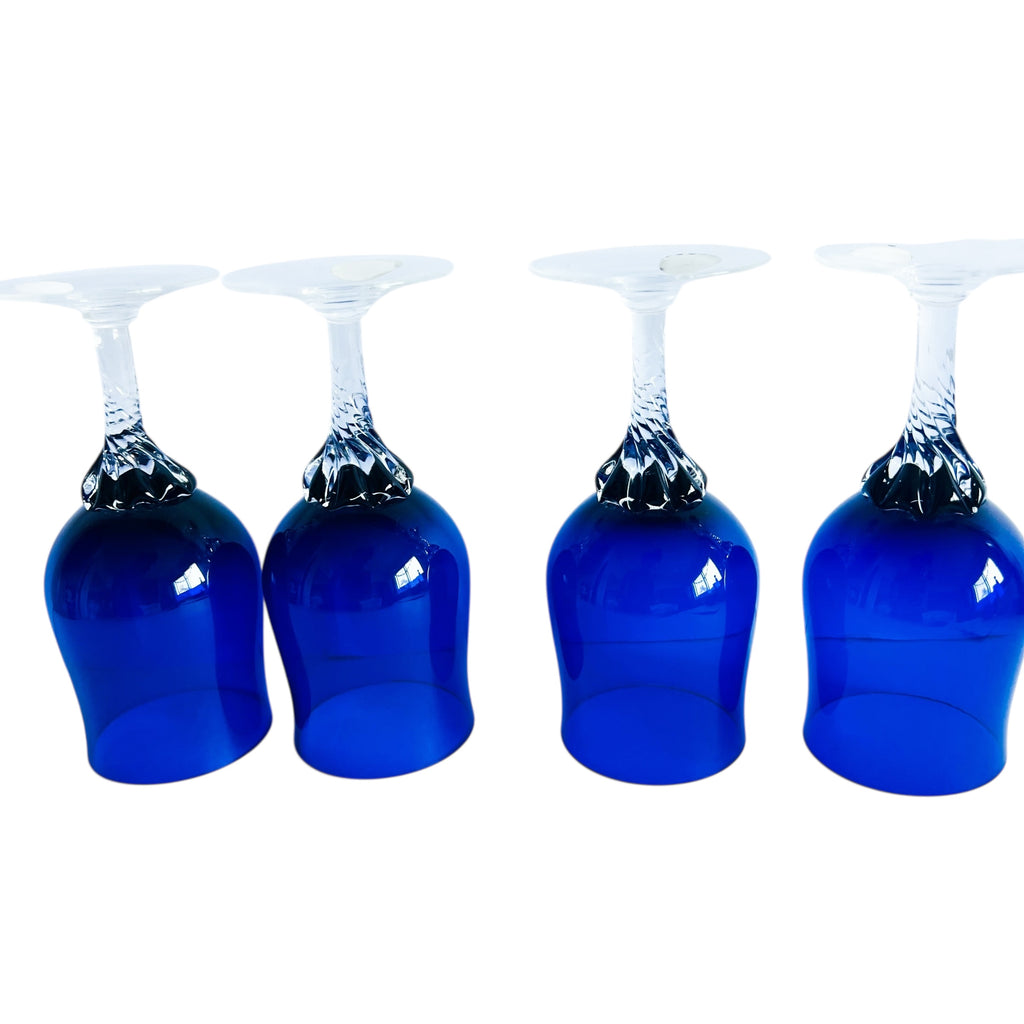 Vintage Celebrity Cobalt Blue with Clear Stem Water Goblets-Set of 4