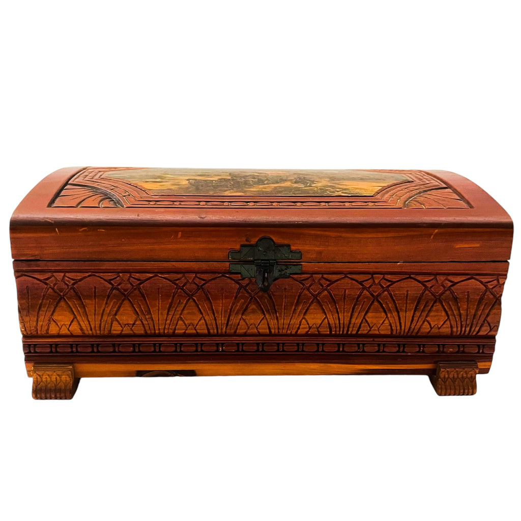 Antique Hand Carved Wooden Western Scene Covered Wagons & Cowboys Keepsake Box