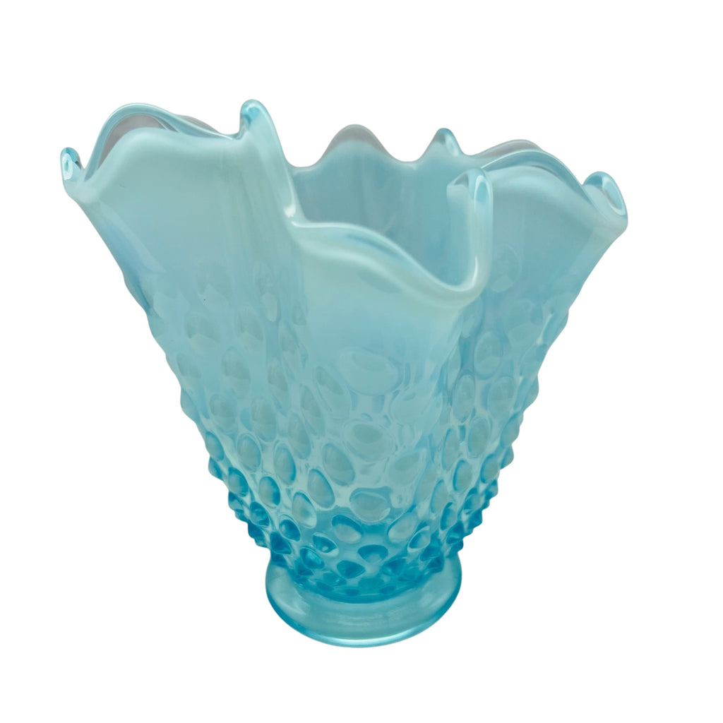 Vintage Fenton Opalescent Aqua Hobnail Ruffled Glass Vase