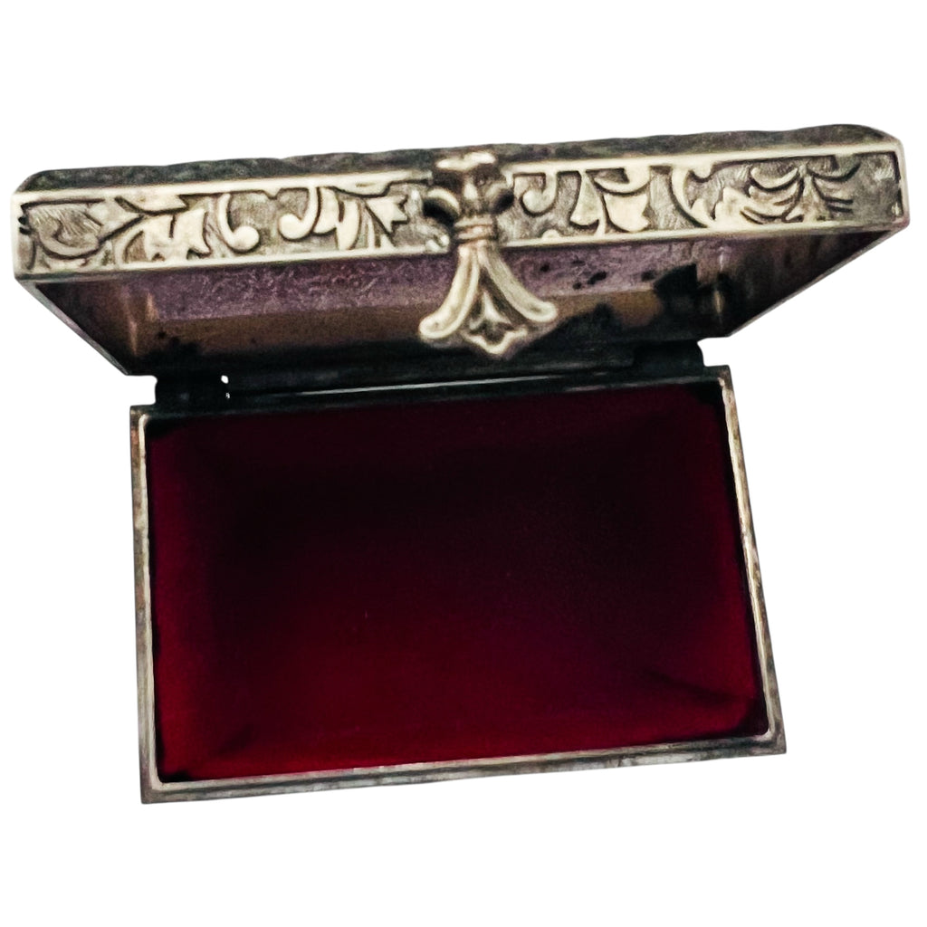 Vintage Silver Plated Embossed Botanical Jewelry Red Velvet Interior Hinged Box