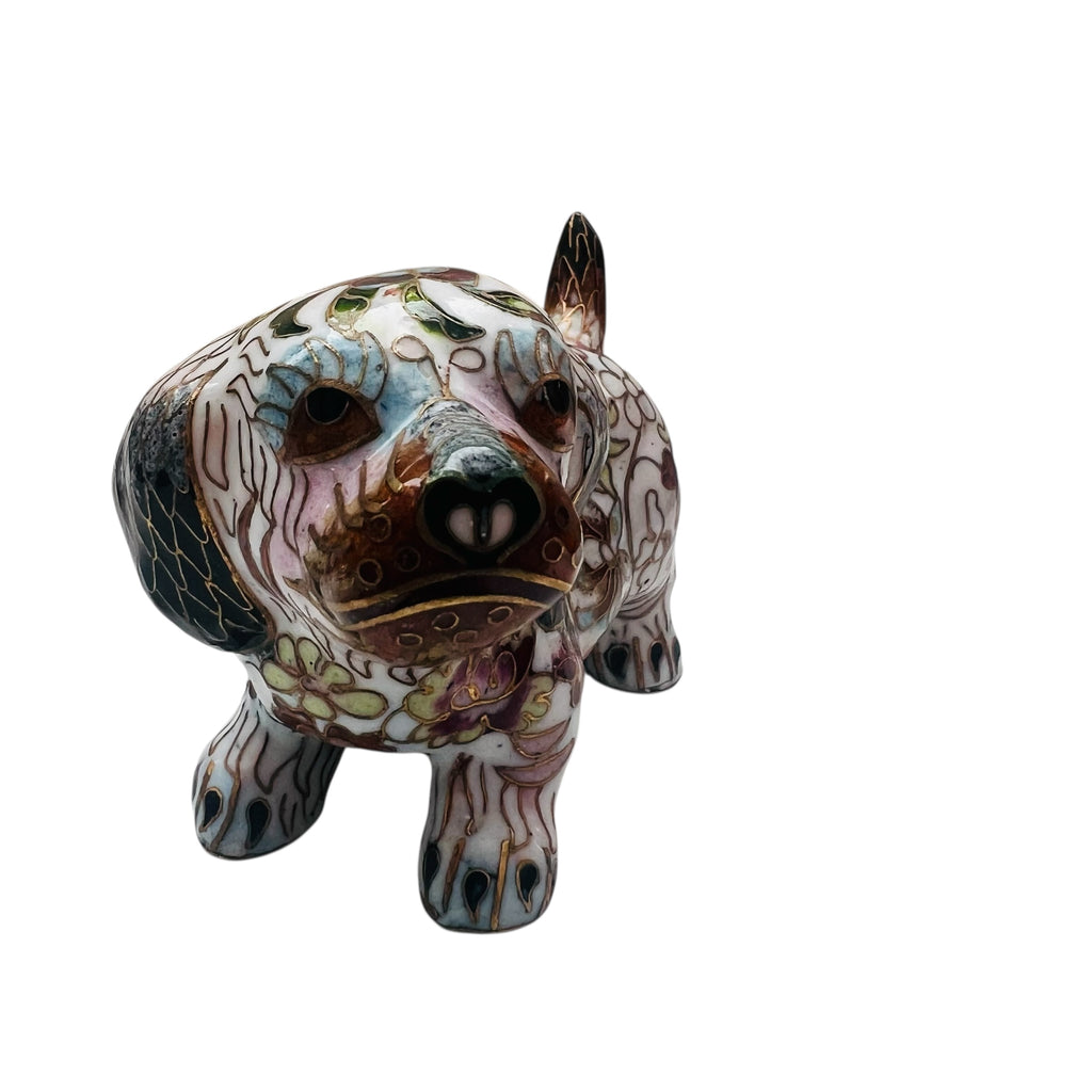 Vintage Chinese White Cloisonne Copper Brass Enamel Dog Figurine Statue