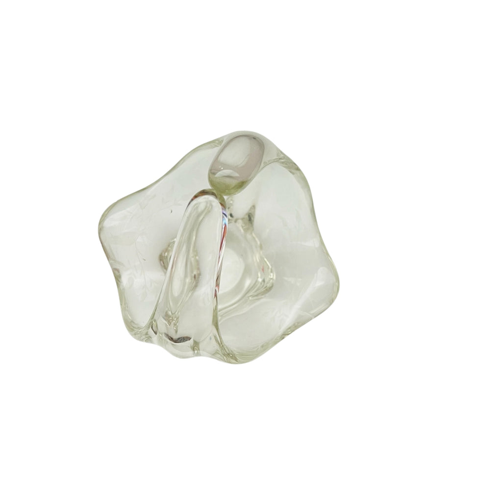 Vintage Clear Art Glass Basket Vase Hand Blown Glass Split Handle