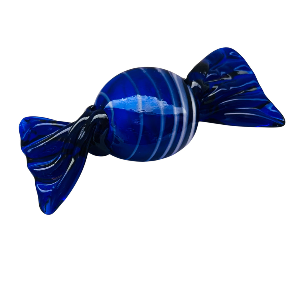 Vintage Cobalt Blue Hand Blown Wrapped Hard Candy Blue Clear Art Glass