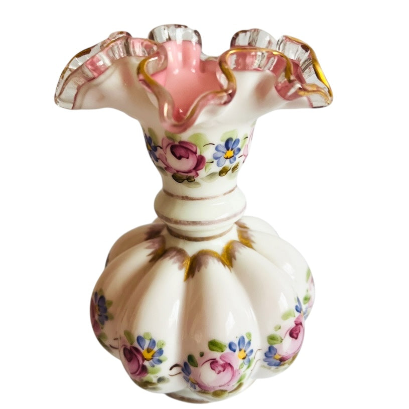 Vintage Fenton Hand Painted Charleston Melon Crest Floral Vase