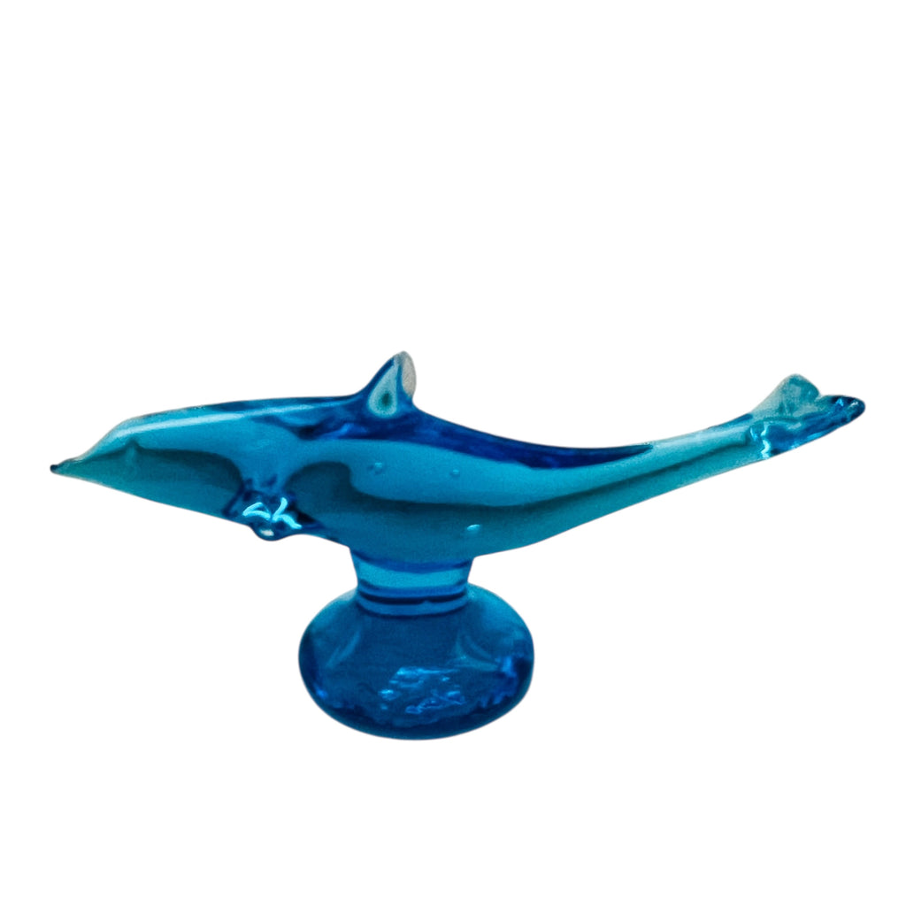 Vintage Ray Ron Blue Art Glass Dolphin Pedestal Figurine