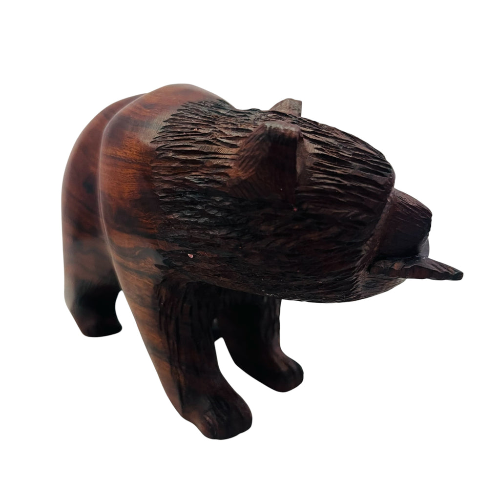 Ironwood Bear Hand Carved with Fish Figurine