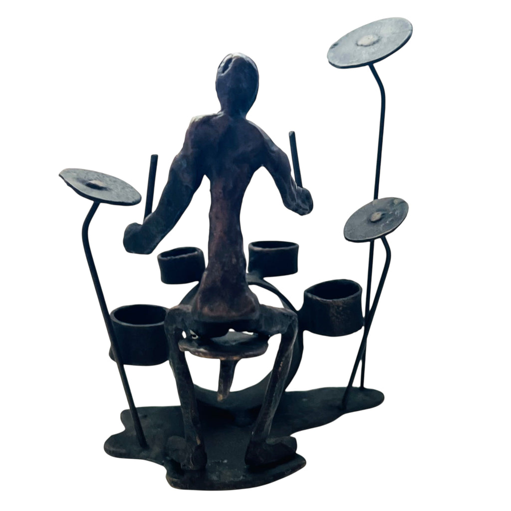 Vintage Iron Steampunk Black Drummer Sculpture
