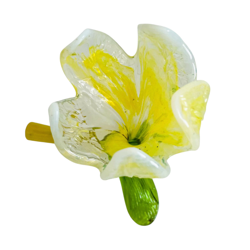 Vintage Kralik Yellow Opalescent Lily Floriform Bohemian Stem Bloom Tube Flower