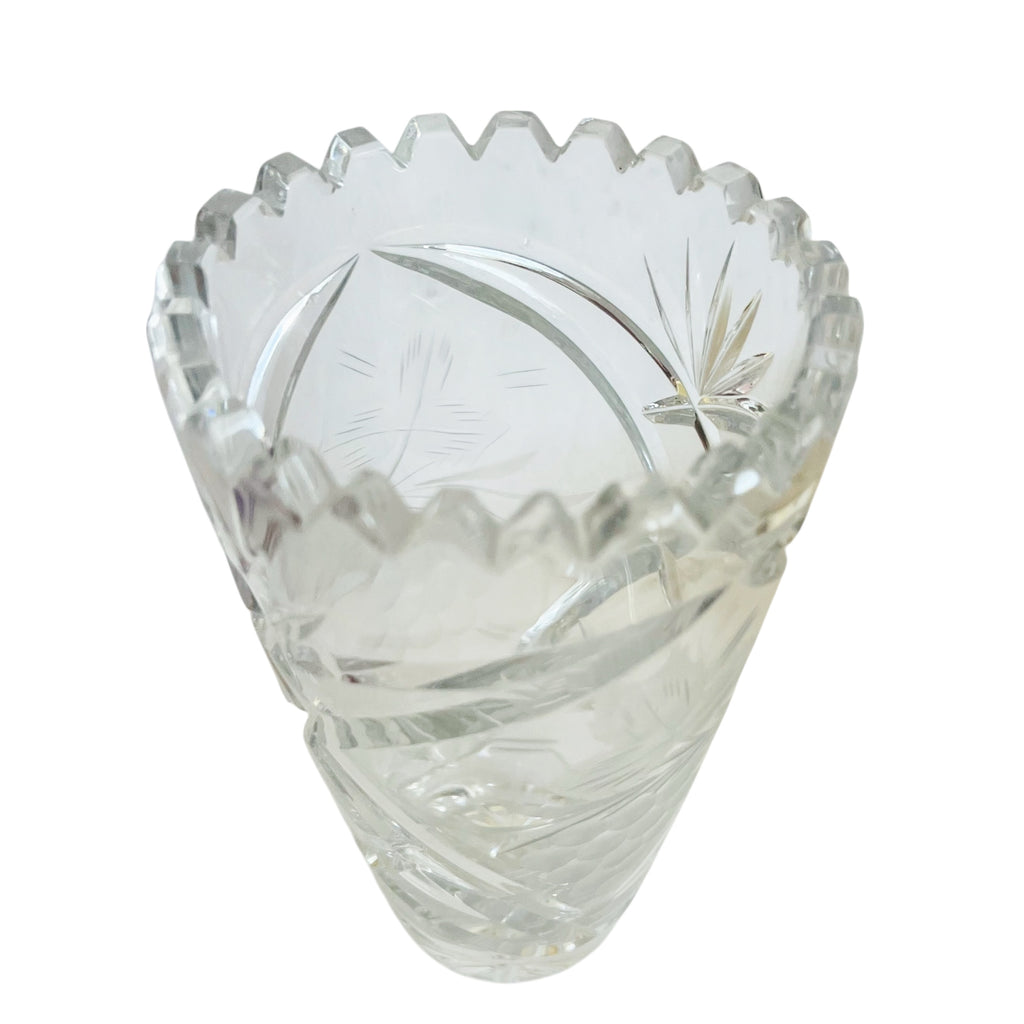 Vintage Lead Crystal Etched Grapes Saw Tooth Edge Vase