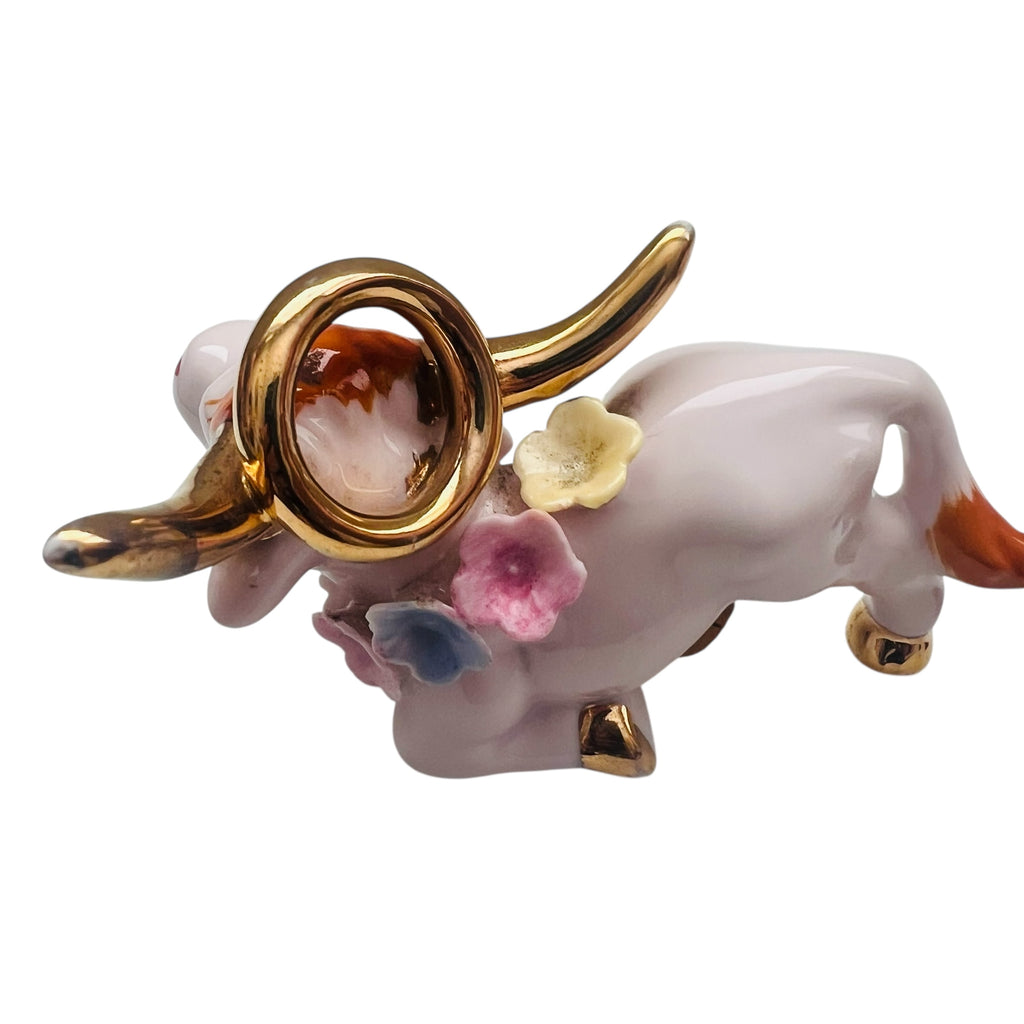 Vintage Bisque Long Horn Bull Angel Cow Applied Flowers Figurines