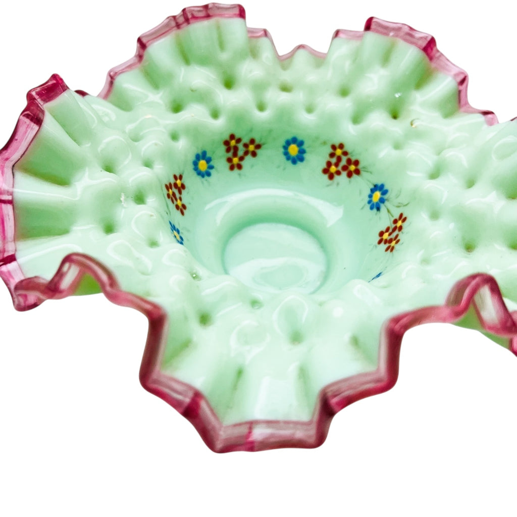 Antique Bridal Bowl With Holder St.Louis Silver Co Cased Glass Hand Painted Floral Design Ruffled Trim Basket