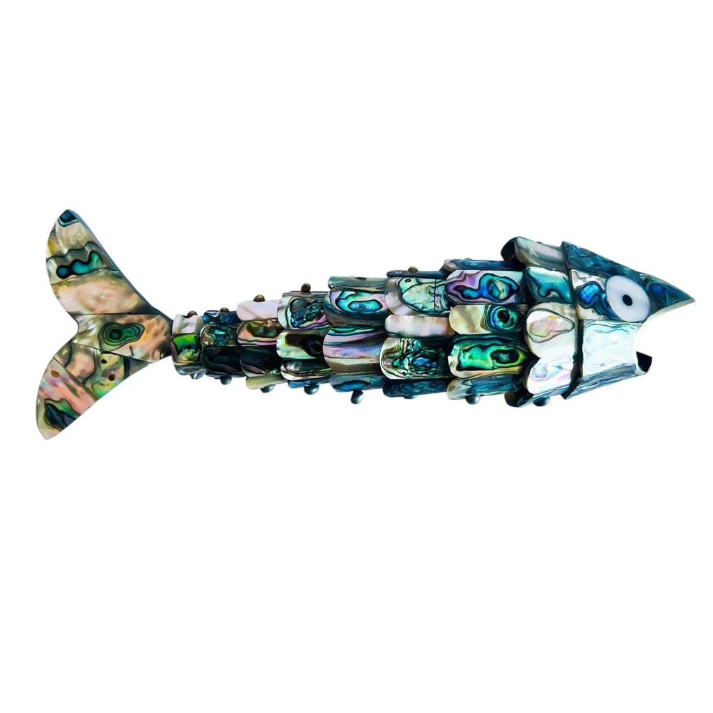 Los Castillo Mexican Silver Mosaic Abalone Shell Inlay Fish Bottle Opener