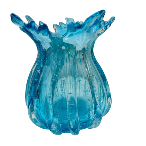 Vintage Hand Blown Aqua Blue Ribbed Rim Glass Vase