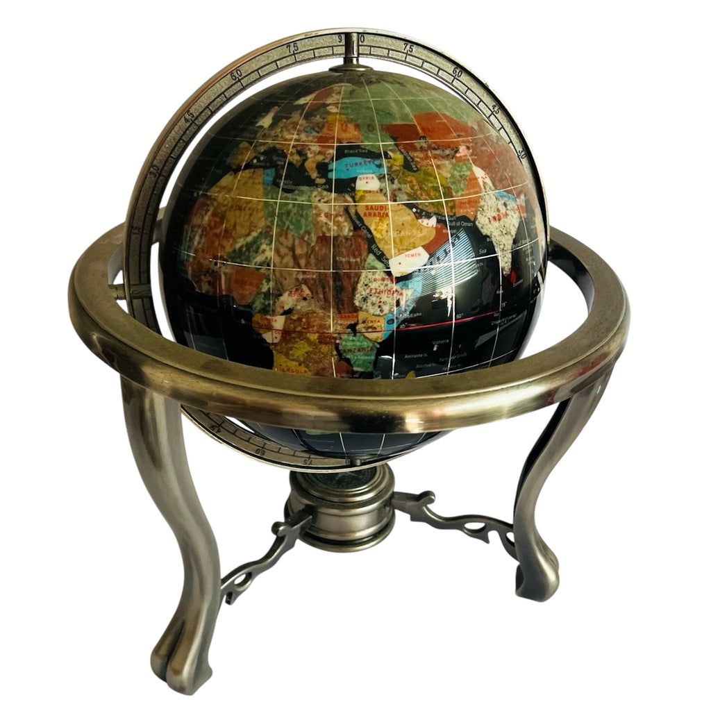 Black Onyx Gemstone Globe w/ Brushed Nickel 3 Legged Stand