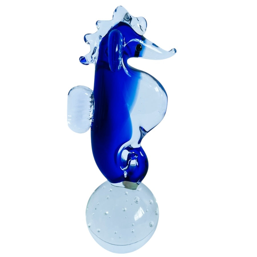 Vintage Hand Blown Blue Art Glass Seahorse Figurine