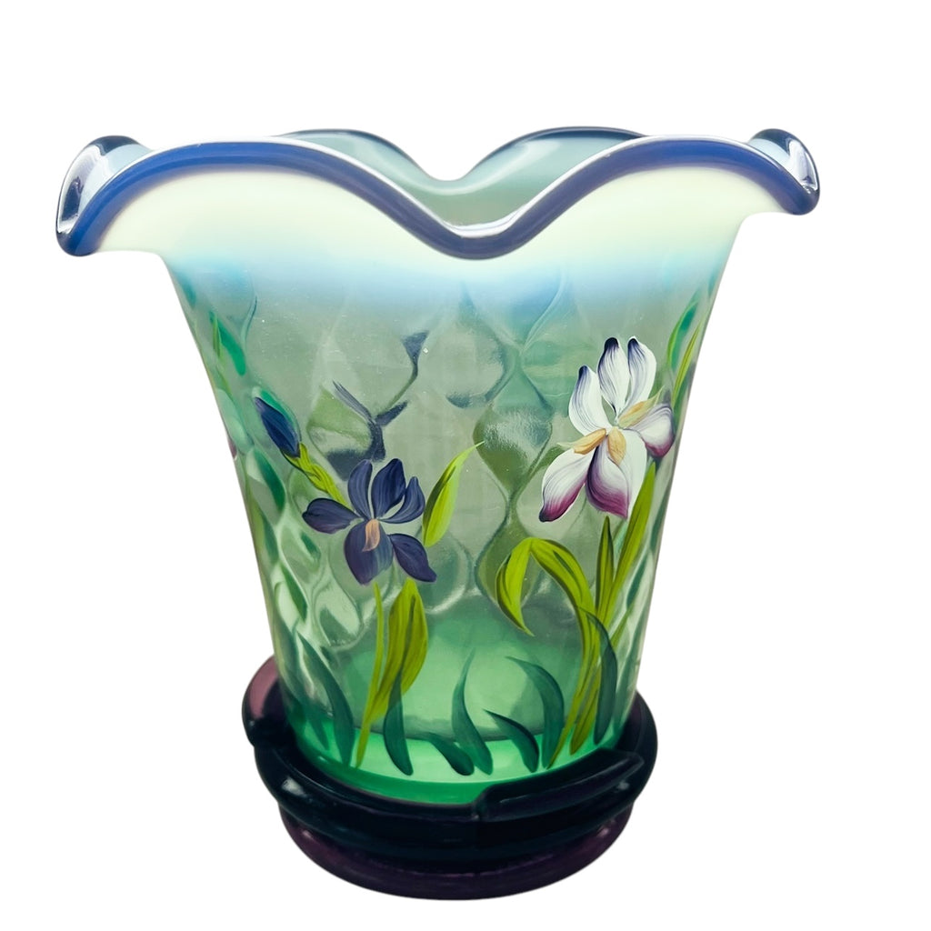 Fenton Hand Painted Floral Flip Vase Opalescent Optic Green Vase with Stand