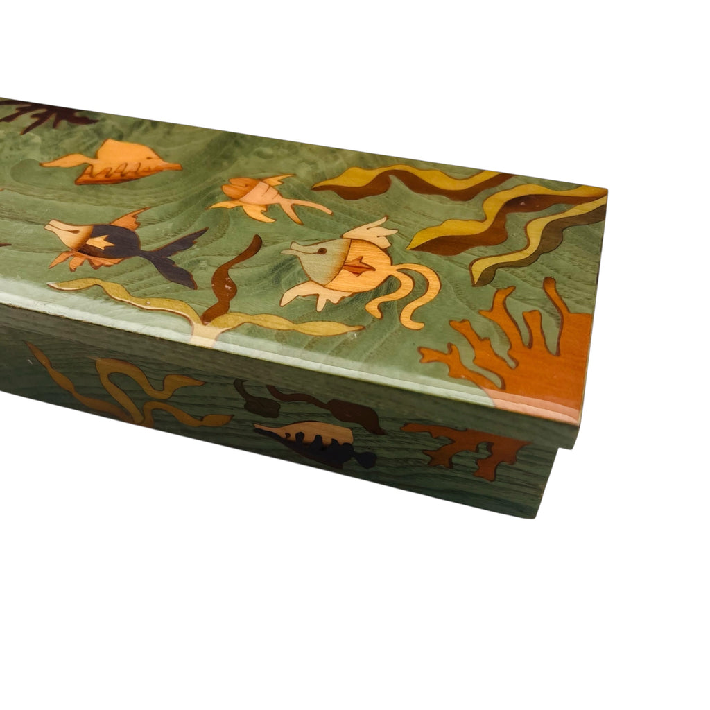 Vintage Hand-Painted Ocean Motif Wooden Lacquer Hinged Trinket Box