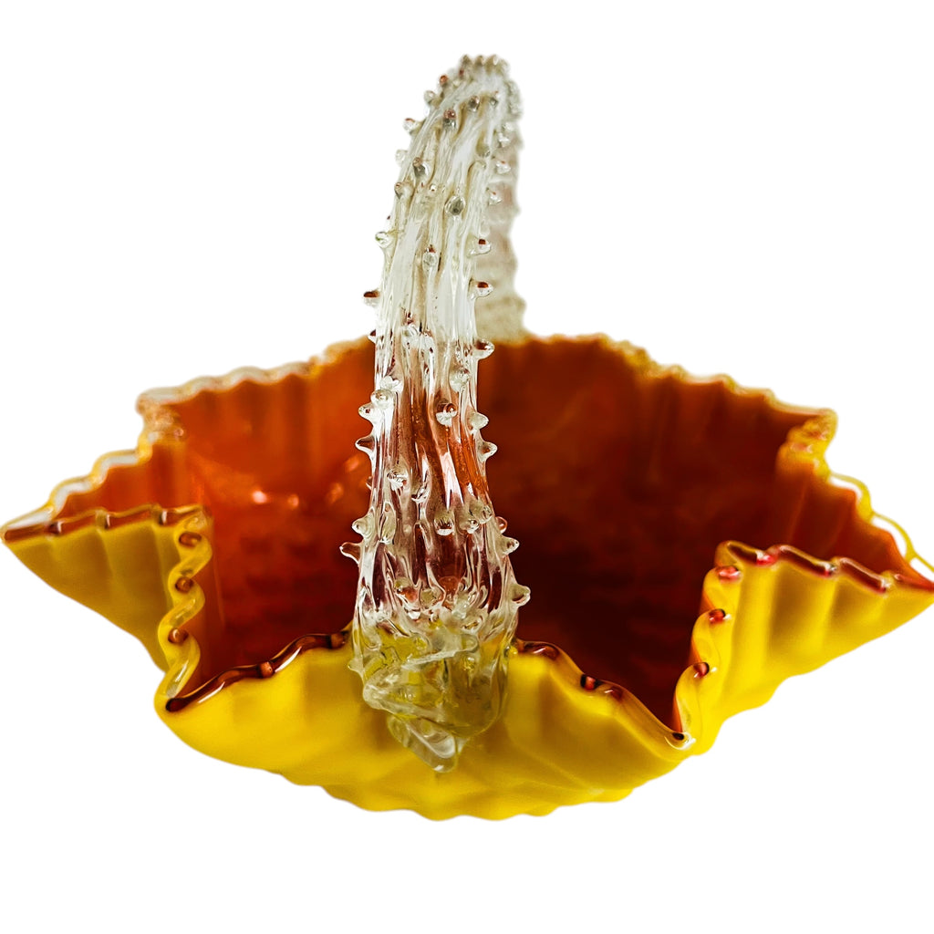 Vintage Yellow Cased With Thorn Handle & Crimped Edge Art Glass Basket