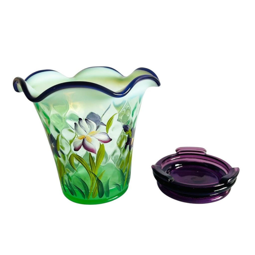 Fenton Hand Painted Floral Flip Vase Opalescent Optic Green Vase with Stand
