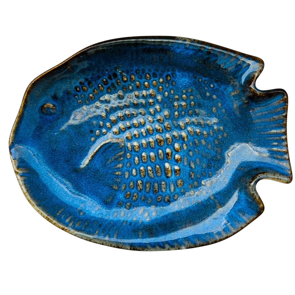 Vintage Kotobuki Cobalt Blue Fish Pottery Dish Plate