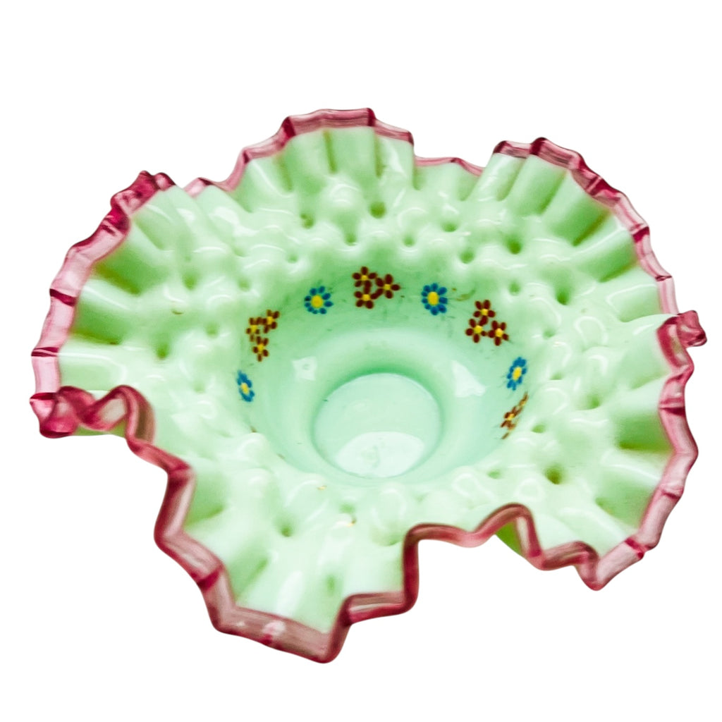 Antique Bridal Bowl With Holder St.Louis Silver Co Cased Glass Hand Painted Floral Design Ruffled Trim Basket