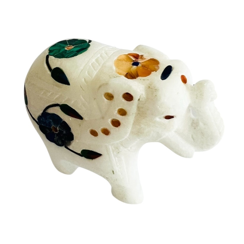 Vintage White Marble Elephant Sculpture Floral Gemstone Figurine