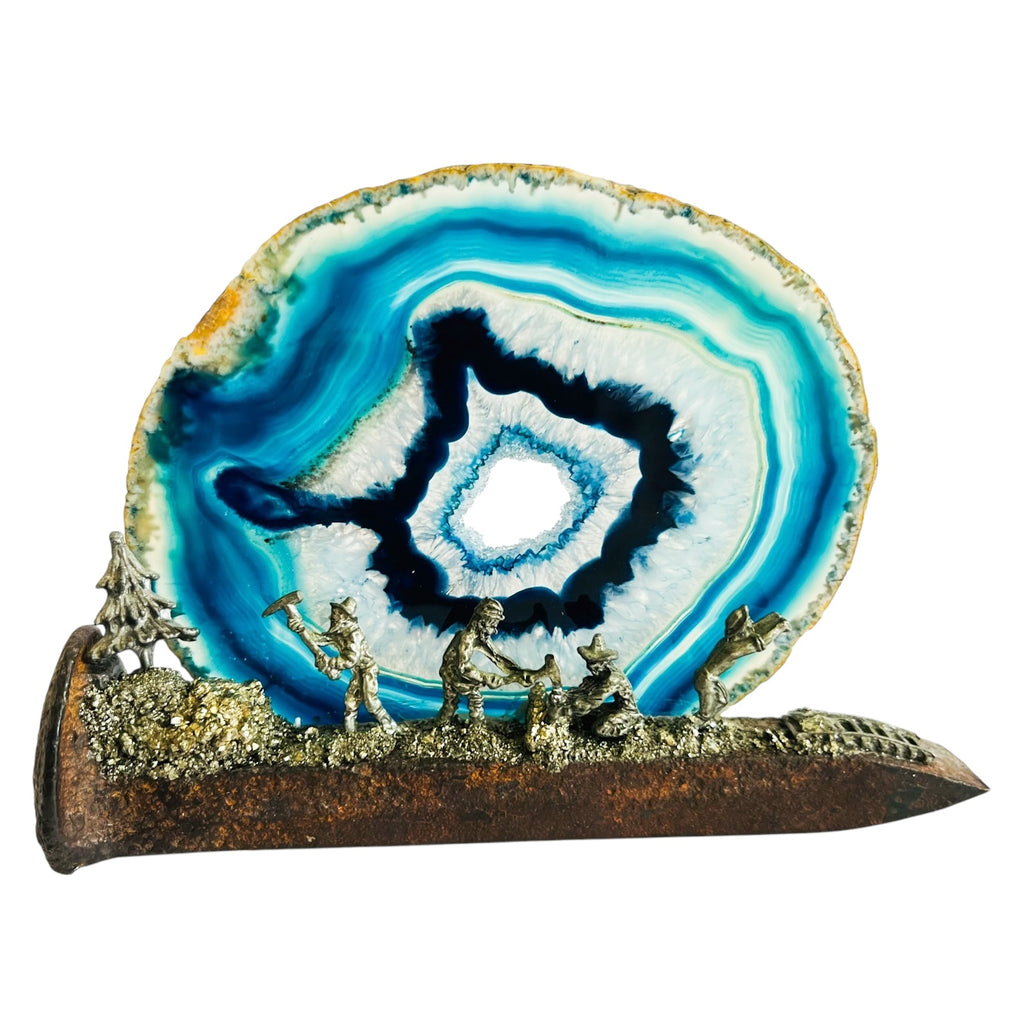 Vintage Blue Agate Pewter Detailed Rustic Nail Pewter Miner Prospector Scene