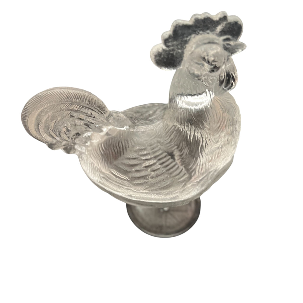 Vintage Clear Glass Standing Rooster Candy Dish w/Lid