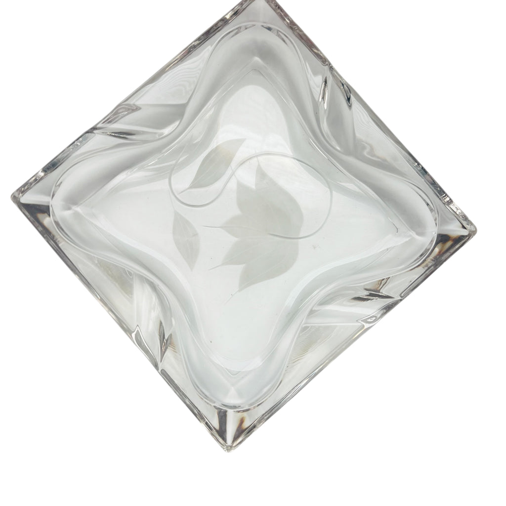 Vintage Clear Thick Glass Ashtray with Etched Flower
