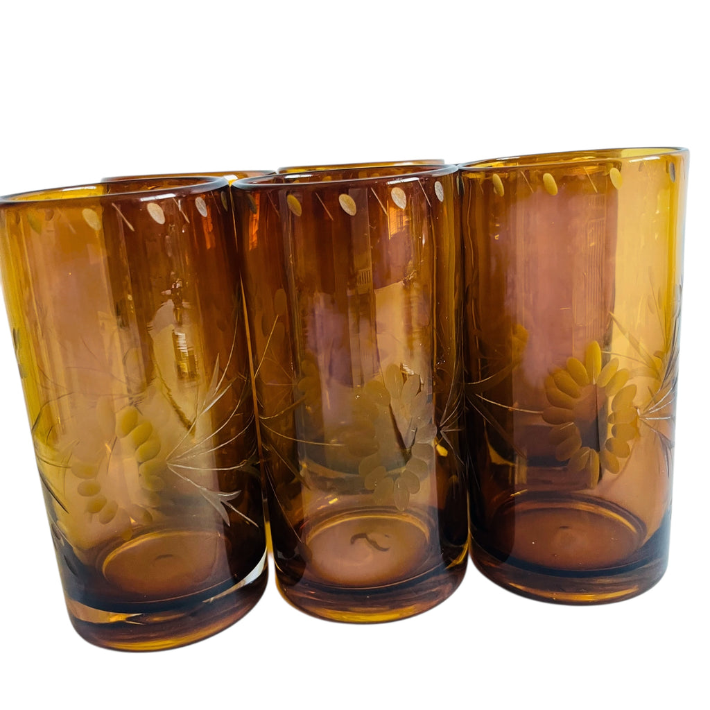 Vintage Bobby Flay Highball Etched Amber Glass Tumbler Set of 6