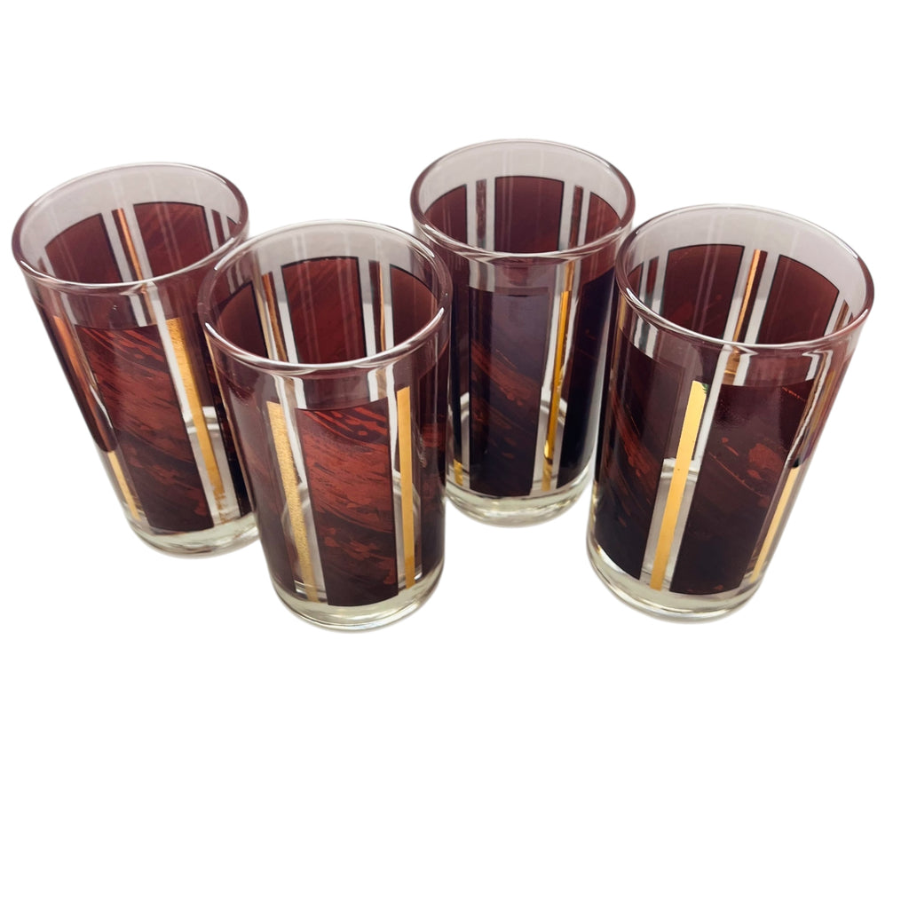 Vintage Libbey Brown Wood Grain Gold Stripe Drinking Glasses Set Of 4