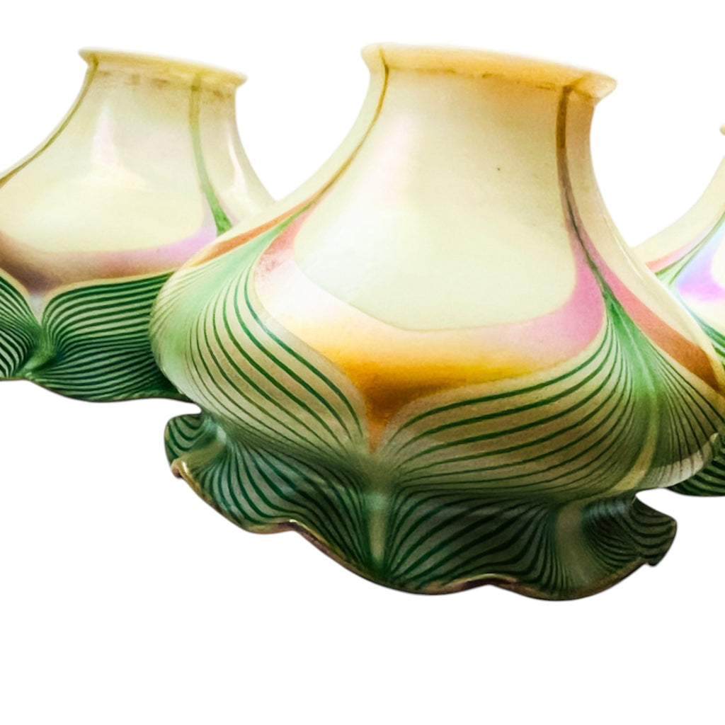 Antique Steuben Decorated Art Glass Shades with Green Feathering Trimmed in Gold Aurene Set of 4