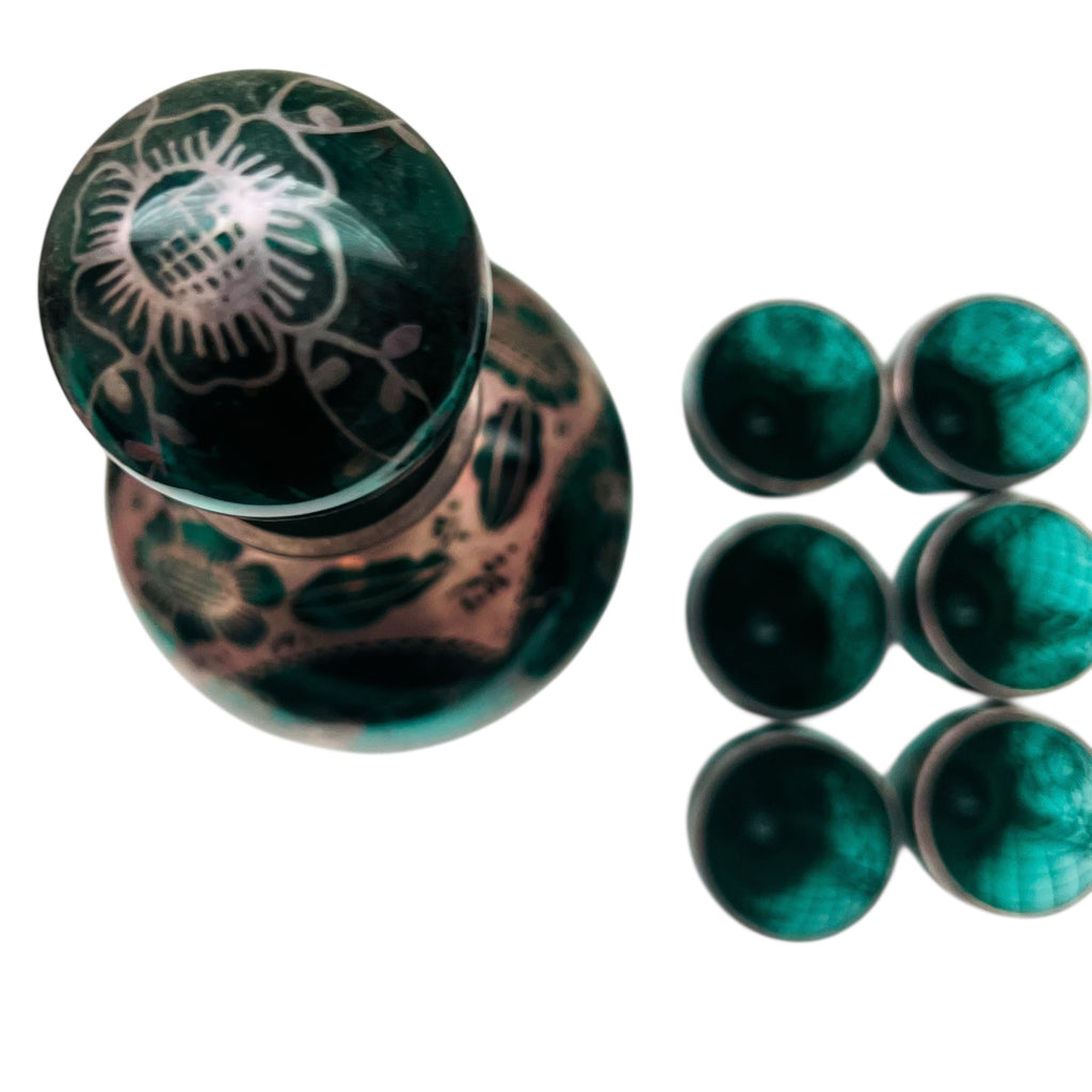 Vintage Emerald Glass Decanter & Silver Overlay 6 Glasses Set