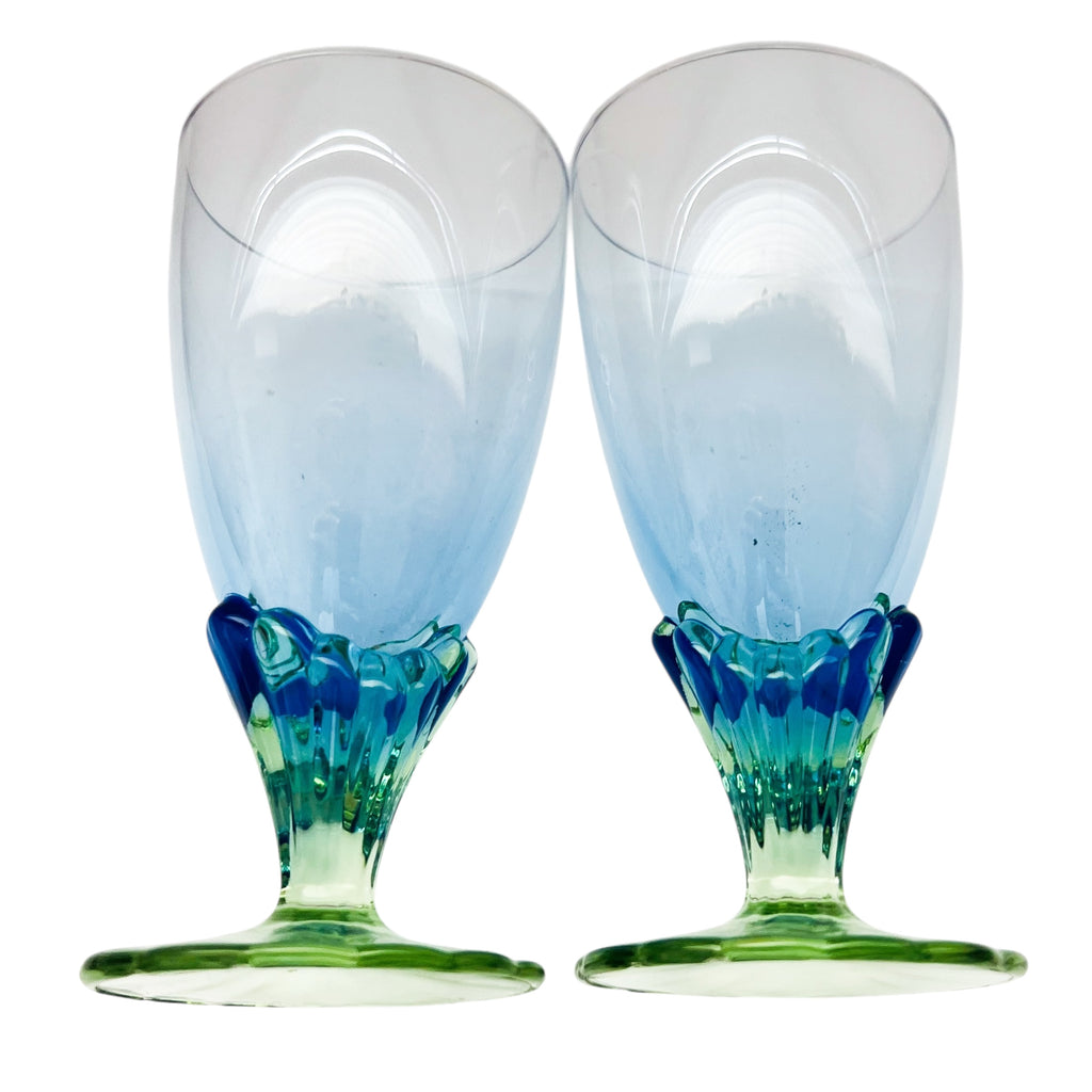 Bormioli Rocco Bahia Water Goblet Blue Green Stem Glass Pair