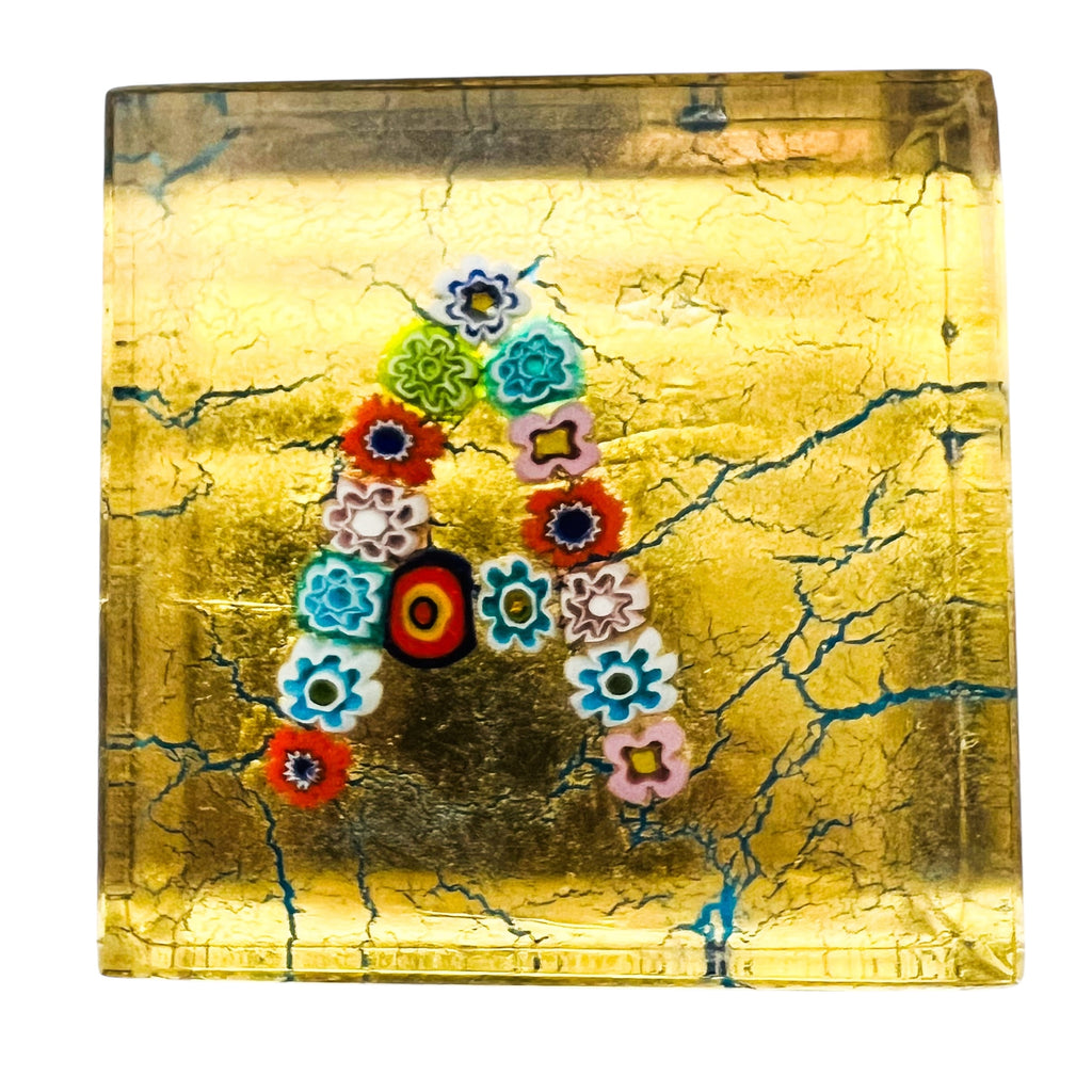 Murano Millefiori “Letter A” Square Gold Glass Paperweight