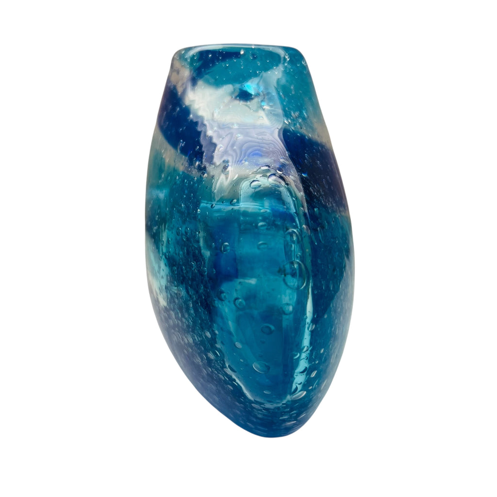 Vintage Hand Blown Art Glass Blue Donut Hole Vase