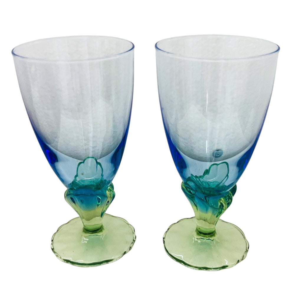 Bormioli Rocco Bahia Water Goblet Blue Green Stem Glass Pair
