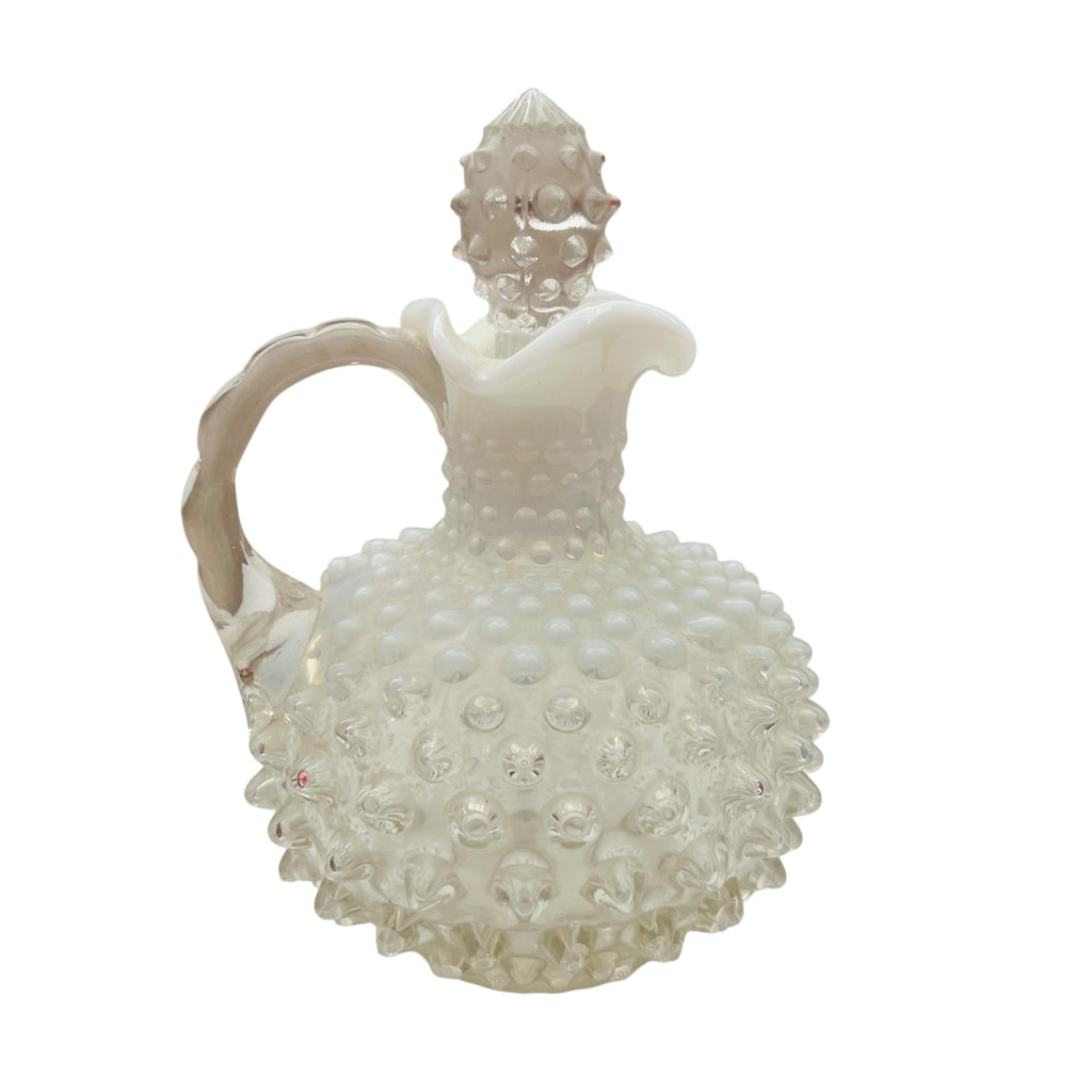 Vintage Fenton Glass Hobnail White Opalescent Clear Handle Cruet