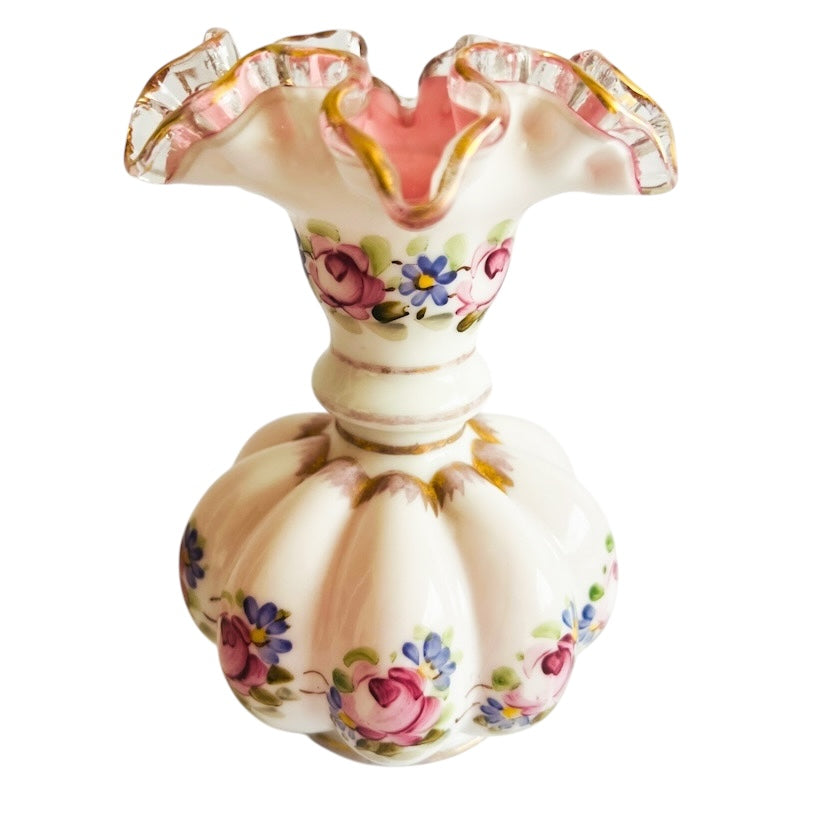 Vintage Fenton Hand Painted Charleston Melon Crest Floral Vase