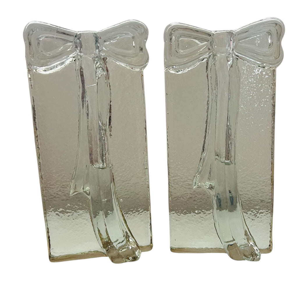 Twos Company Blown Glass Block Ribbon Bow Bud Vase-Pair