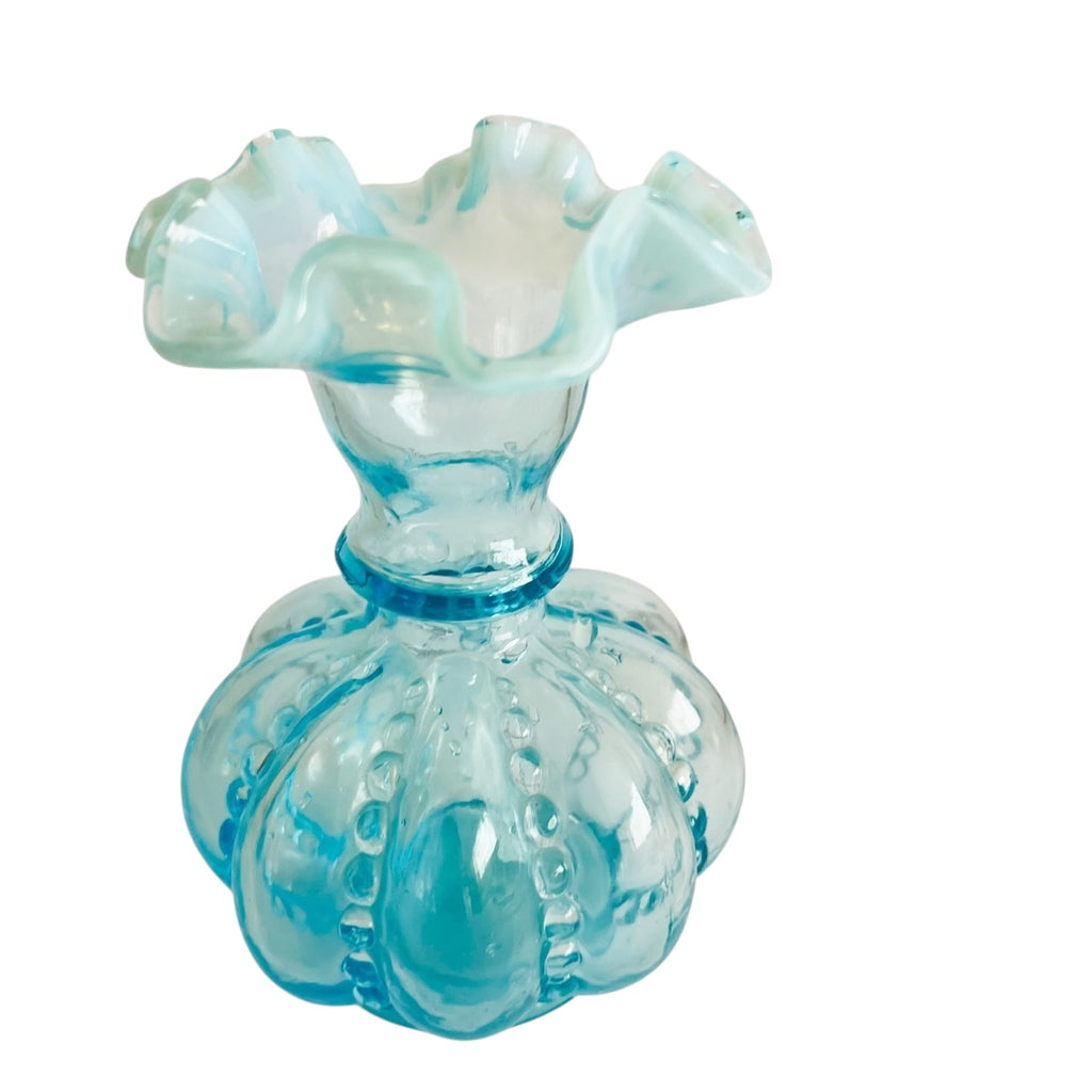 Vintage Fenton Aqua Blue Opalescent Melon Beaded Vase
