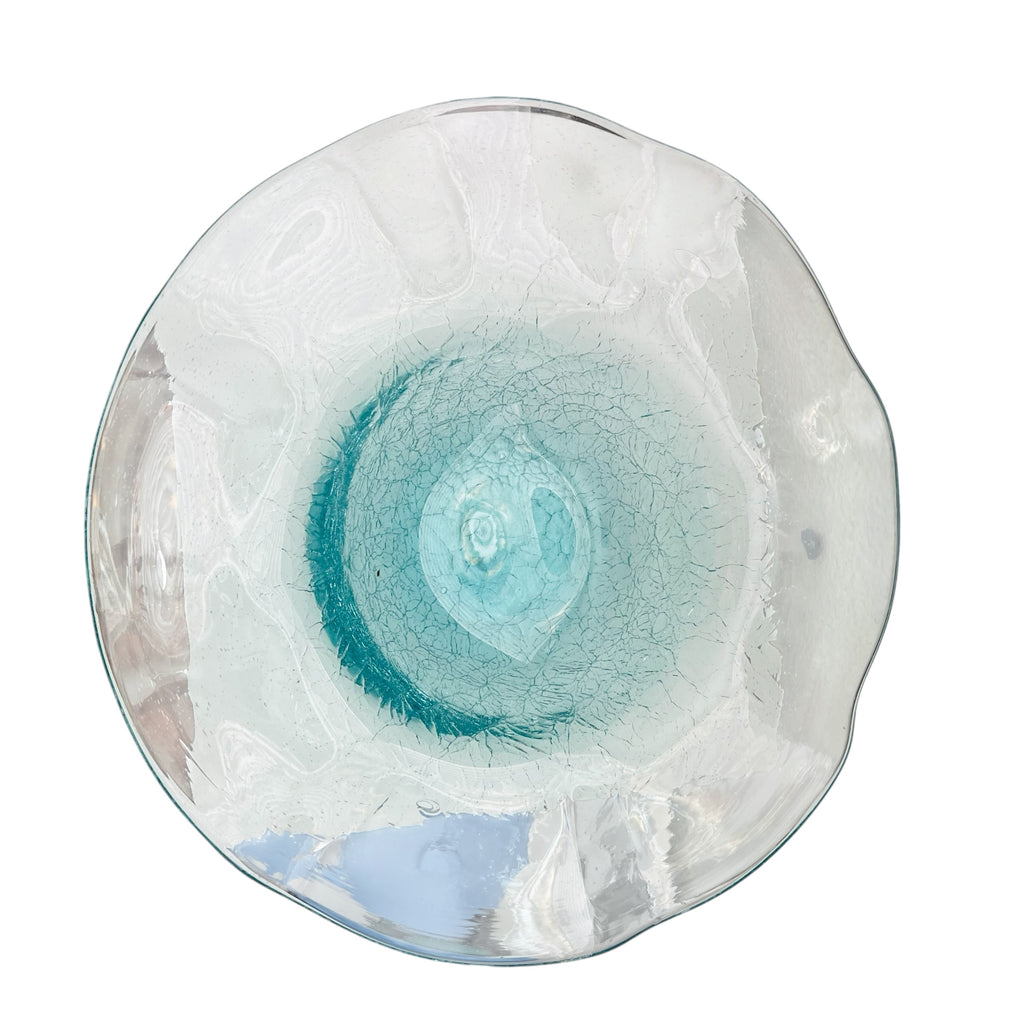 Vintage Hand Blown Sky Blue Crackle Ruffled Wavy Top Rim Art Glass Bowl