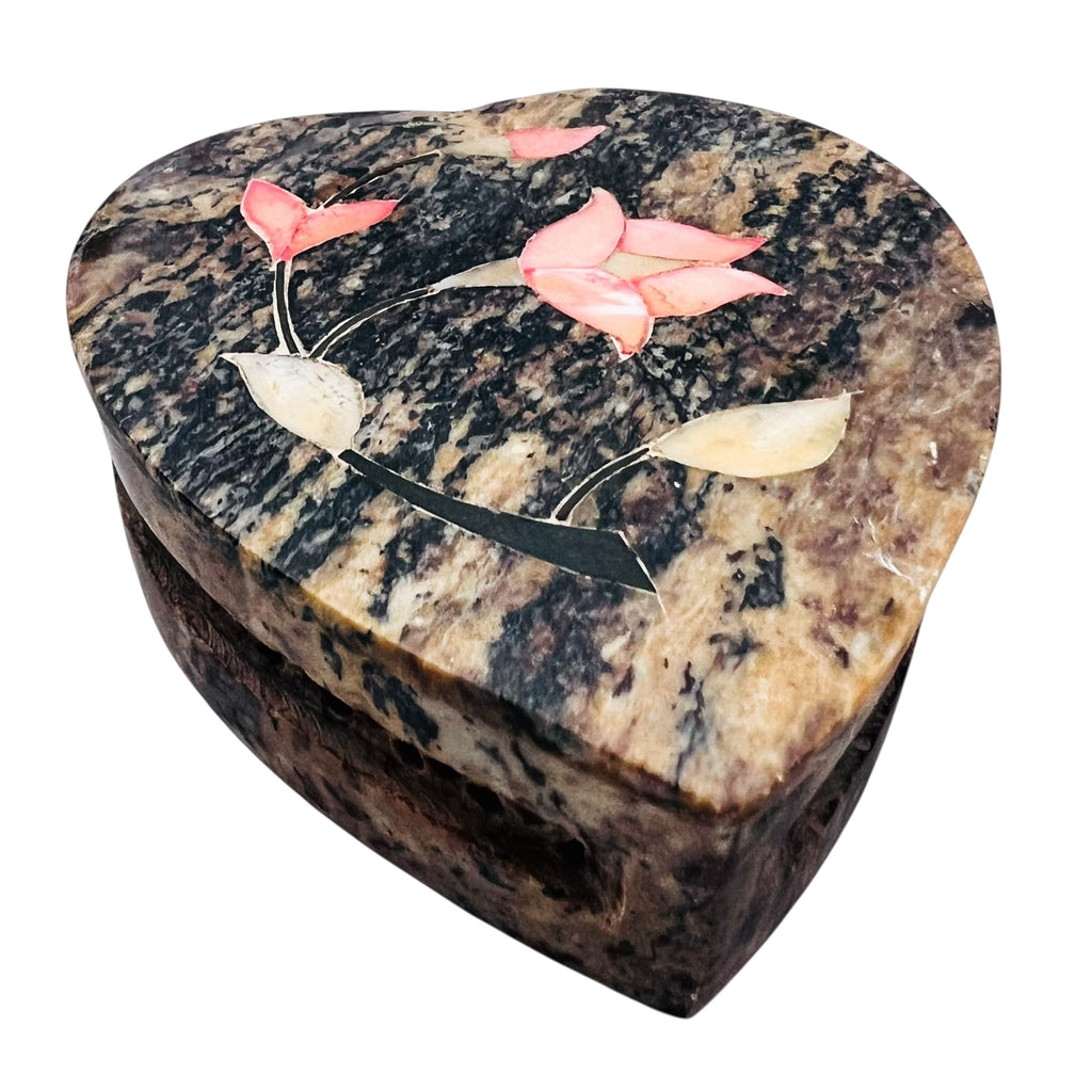 Heart Shaped Stone Pink Inlay Flowers Trinket Box