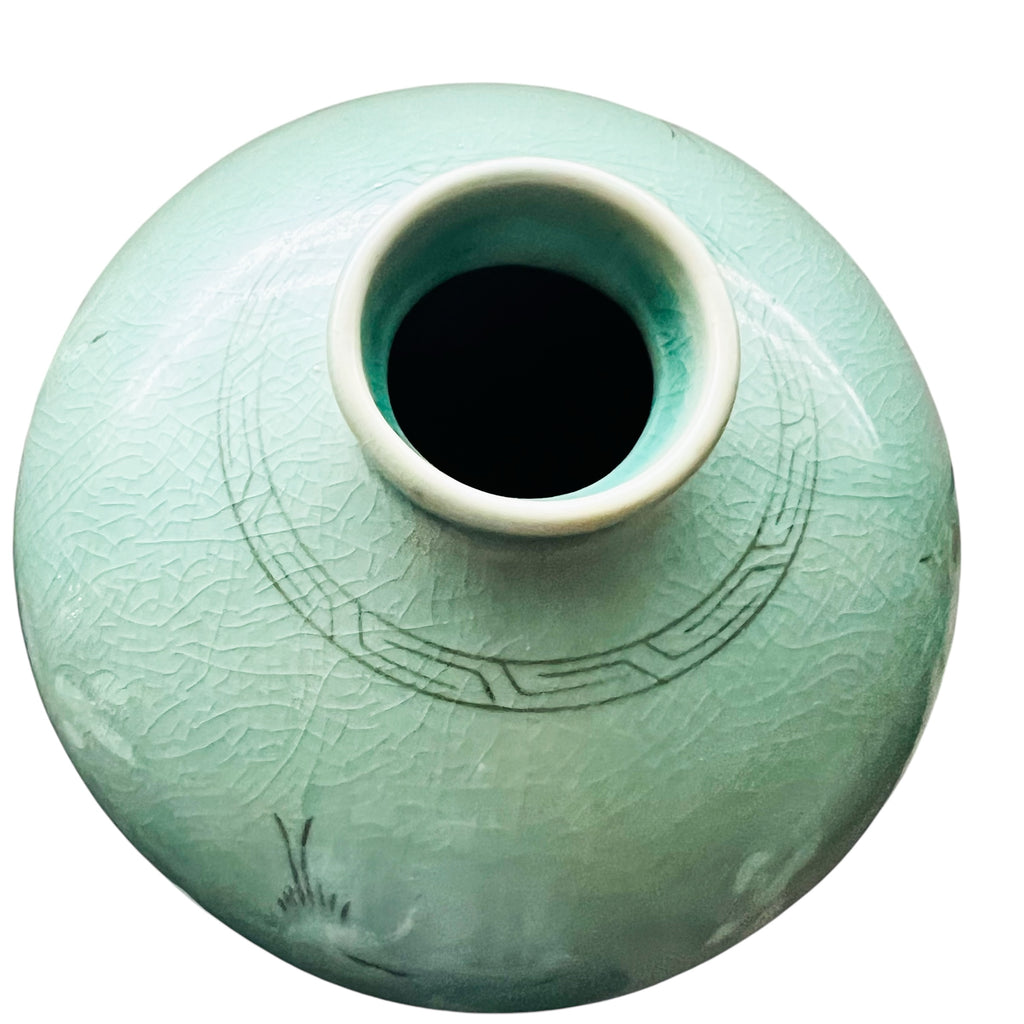 Korean Celadon Ceramic Green Crackle Glazed Signed Stamped Vase with Cranes