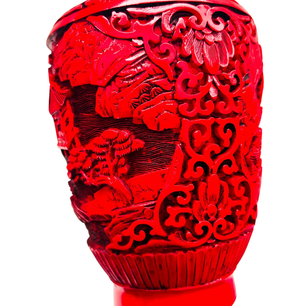 Vintage Chinese Carved Lacquer Cinnabar Village Scene Vase