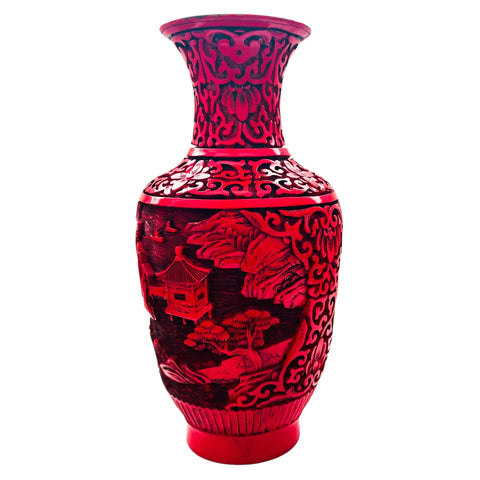 Vintage Chinese Carved Lacquer Cinnabar Village Scene Vase